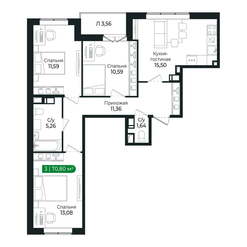 4-комнатная (Евро) квартира, 68.2 м² в ЖК "Сертолово Парк" - планировка, фото №1