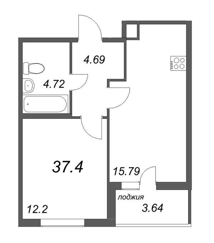 1-комнатная квартира, 37.4 м² - планировка, фото №1