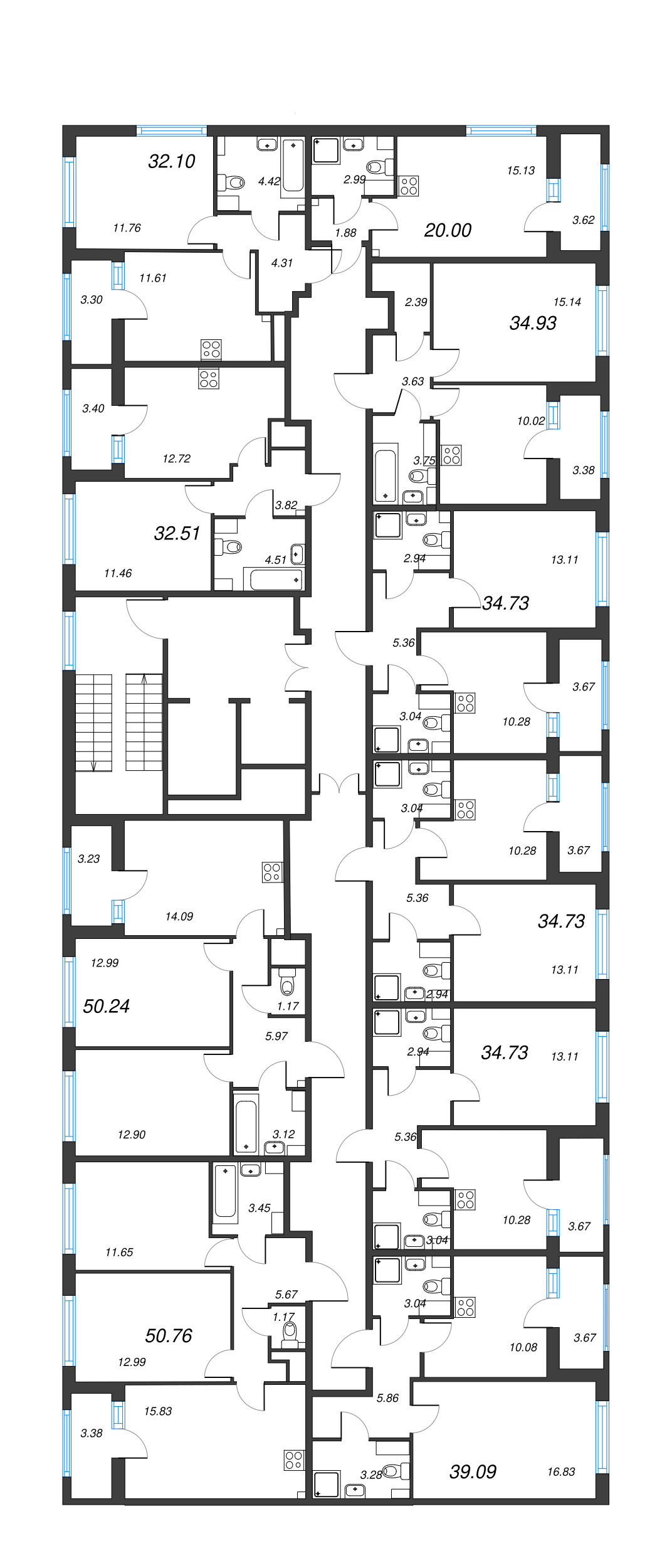 3-комнатная (Евро) квартира, 50.76 м² - планировка этажа