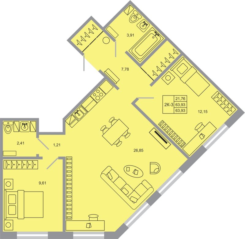 3-комнатная (Евро) квартира, 63.93 м² - планировка, фото №1