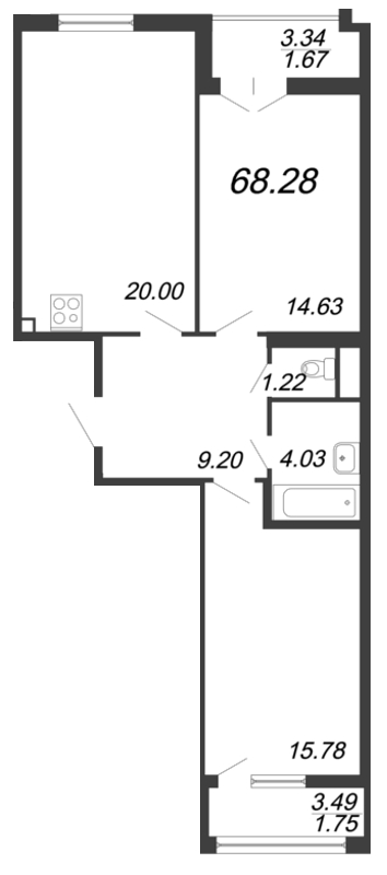 3-комнатная (Евро) квартира, 68.28 м² - планировка, фото №1