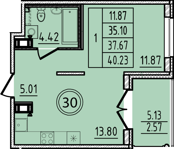 1-комнатная квартира, 35.1 м² в ЖК "Образцовый квартал 14" - планировка, фото №1