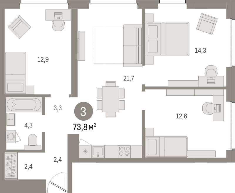 4-комнатная (Евро) квартира, 73.8 м² в ЖК "Северный ветер" - планировка, фото №1