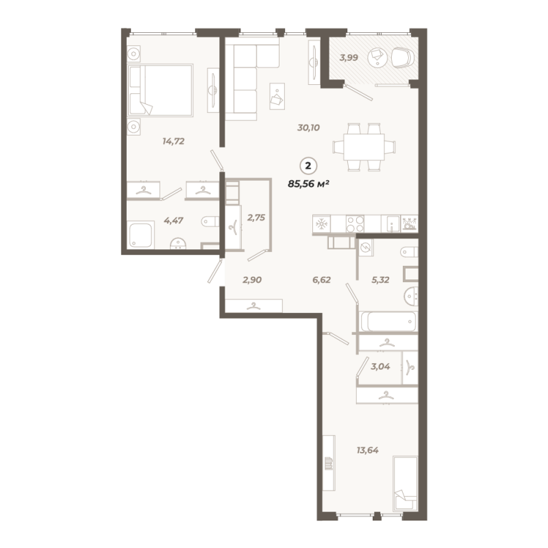 3-комнатная (Евро) квартира, 85.56 м² в ЖК "Знатный" - планировка, фото №1