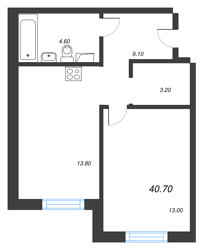 1-комнатная квартира, 40.6 м² в ЖК "Ветер перемен 2" - планировка, фото №1