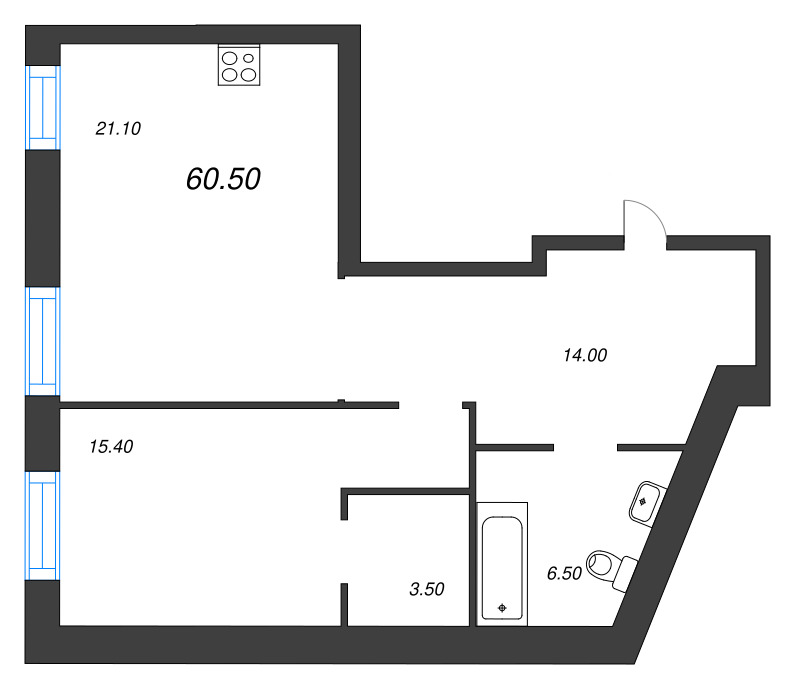 2-комнатная (Евро) квартира, 60.5 м² - планировка, фото №1