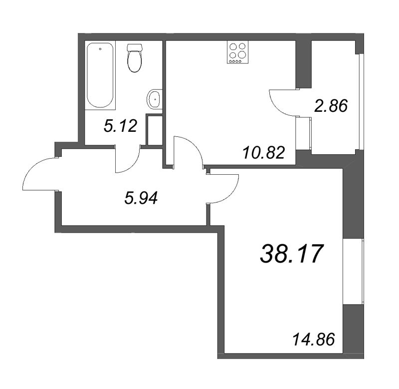 1-комнатная квартира, 38.17 м² - планировка, фото №1