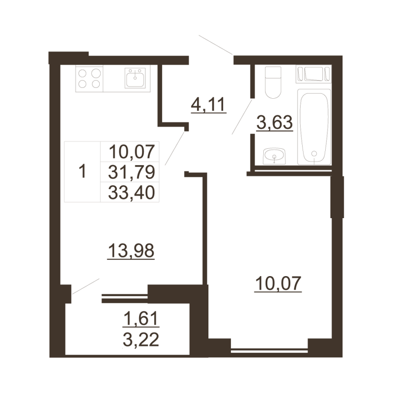 1-комнатная квартира, 33.4 м² в ЖК "Рубеж" - планировка, фото №1