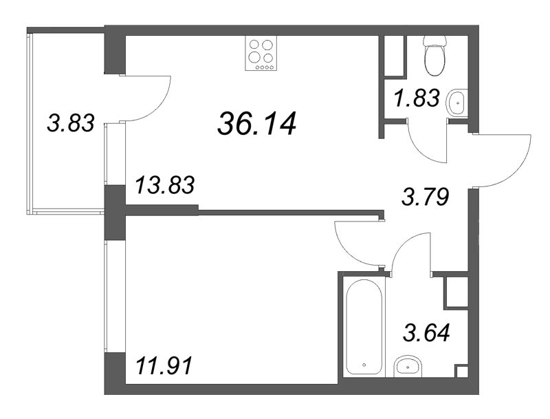 1-комнатная квартира, 36.14 м² в ЖК "Охтинские высоты" - планировка, фото №1