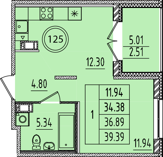 1-комнатная квартира, 34.38 м² - планировка, фото №1