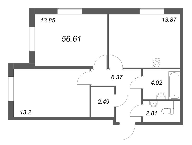 2-комнатная квартира, 56.61 м² в ЖК "Кинопарк" - планировка, фото №1