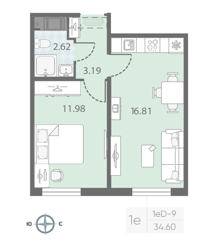 2-комнатная (Евро) квартира, 34.6 м² - планировка, фото №1