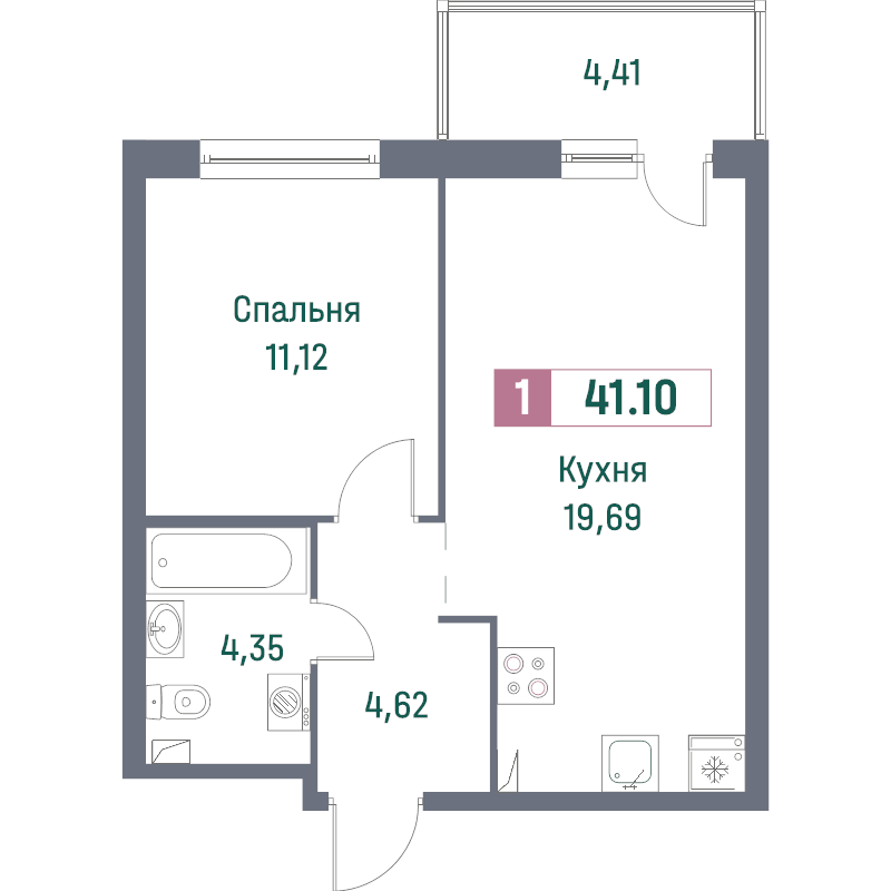 2-комнатная (Евро) квартира, 41.1 м² в ЖК "Фотограф" - планировка, фото №1