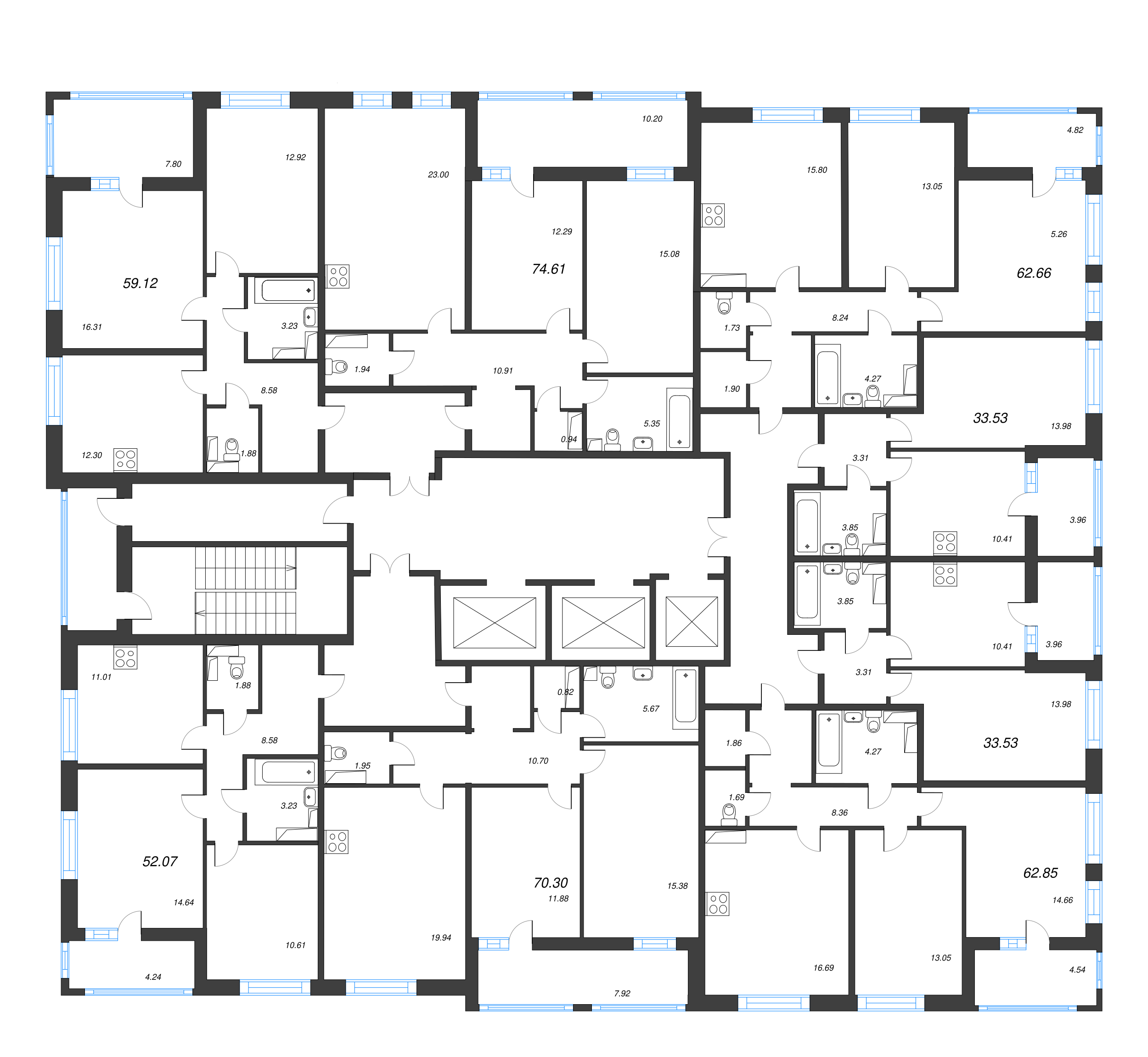 3-комнатная (Евро) квартира, 62.66 м² - планировка этажа