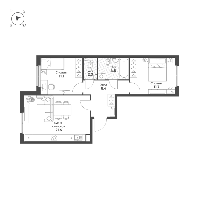 3-комнатная (Евро) квартира, 59.6 м² в ЖК "Клюква.Парк" - планировка, фото №1