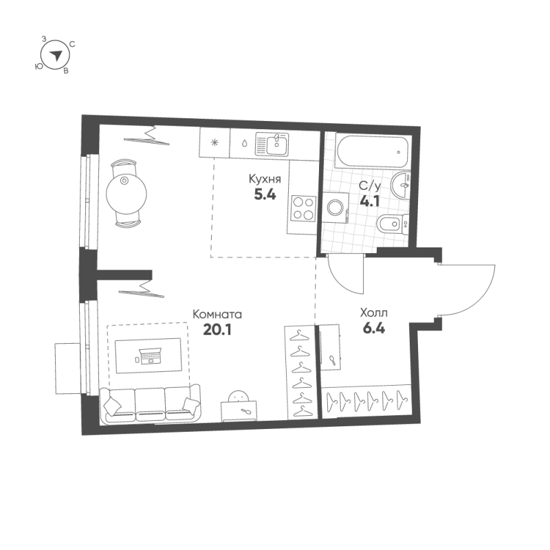 Квартира-студия, 36 м² в ЖК "Ягодное Река Парк" - планировка, фото №1