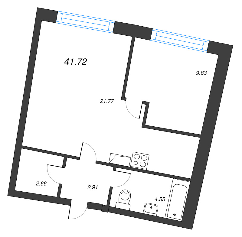 2-комнатная (Евро) квартира, 41.72 м² в ЖК "Аквилон Riva" - планировка, фото №1