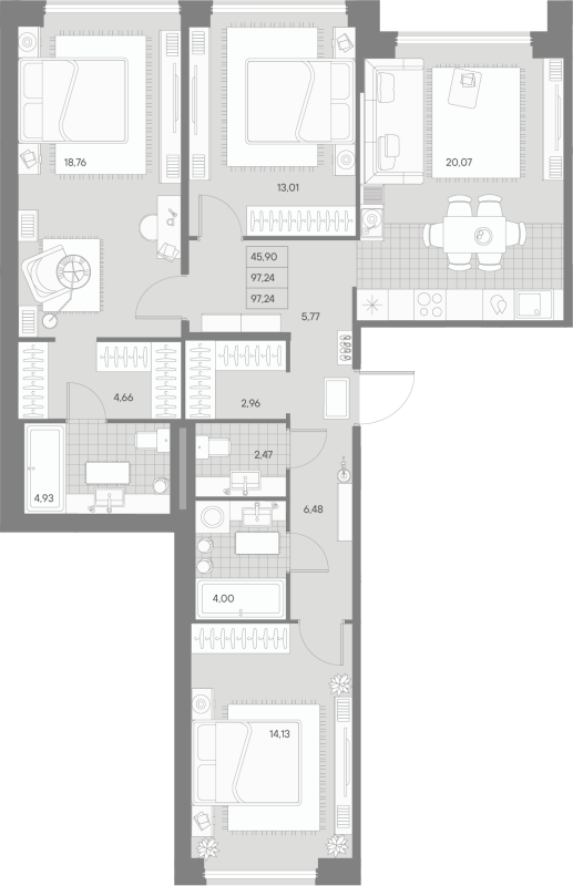 4-комнатная (Евро) квартира, 97.24 м² - планировка, фото №1