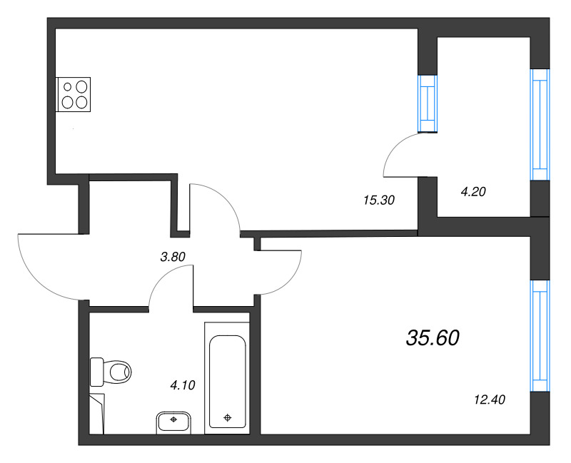 2-комнатная (Евро) квартира, 35.6 м² в ЖК "ЮгТаун" - планировка, фото №1