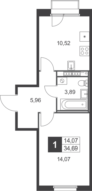 1-комнатная квартира, 34.69 м² в ЖК "Слобода" - планировка, фото №1