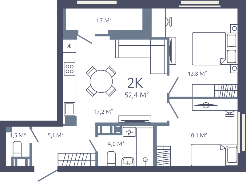 3-комнатная (Евро) квартира, 52.4 м² - планировка, фото №1