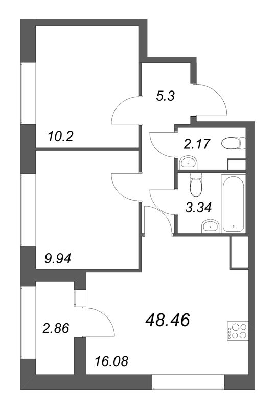 3-комнатная (Евро) квартира, 48.46 м² в ЖК "Аурум" - планировка, фото №1