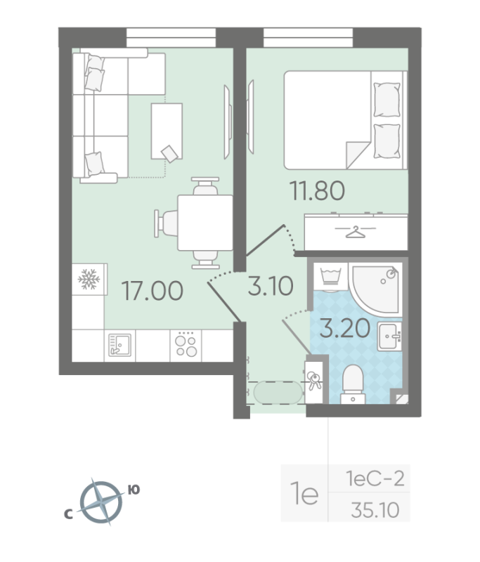 2-комнатная (Евро) квартира, 35.5 м² в ЖК "Октябрьская набережная" - планировка, фото №1