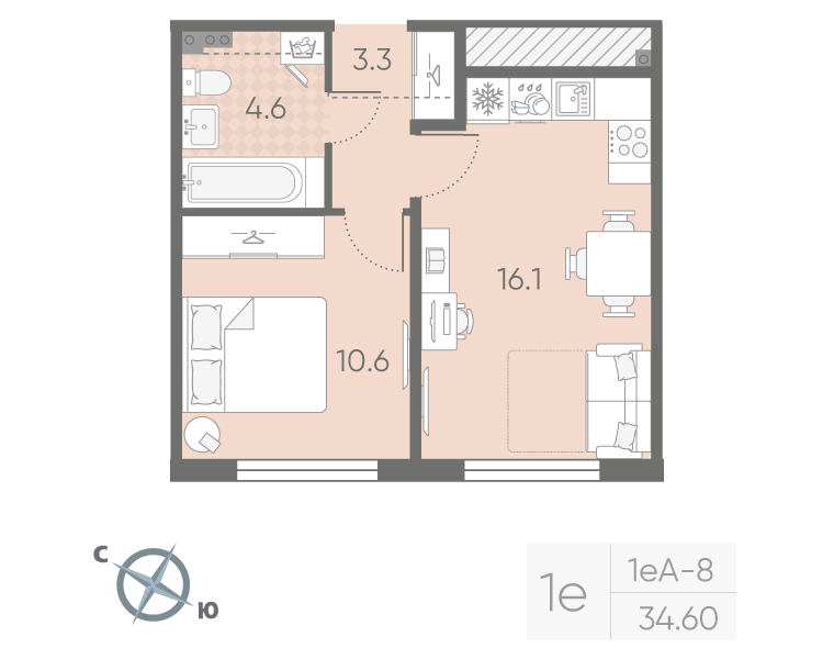 2-комнатная (Евро) квартира, 34.6 м² в ЖК "Пулково Lake" - планировка, фото №1