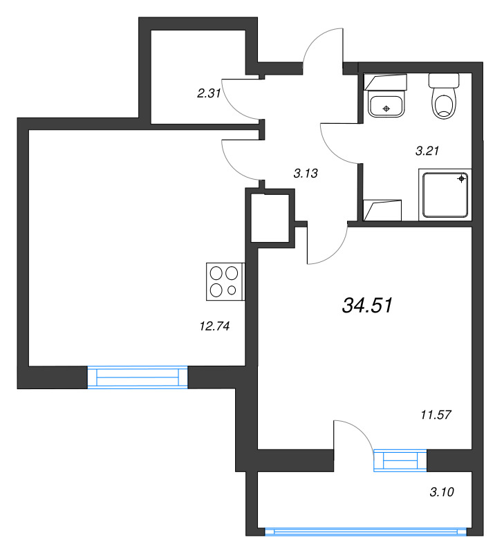 2-комнатная (Евро) квартира, 34.51 м² - планировка, фото №1