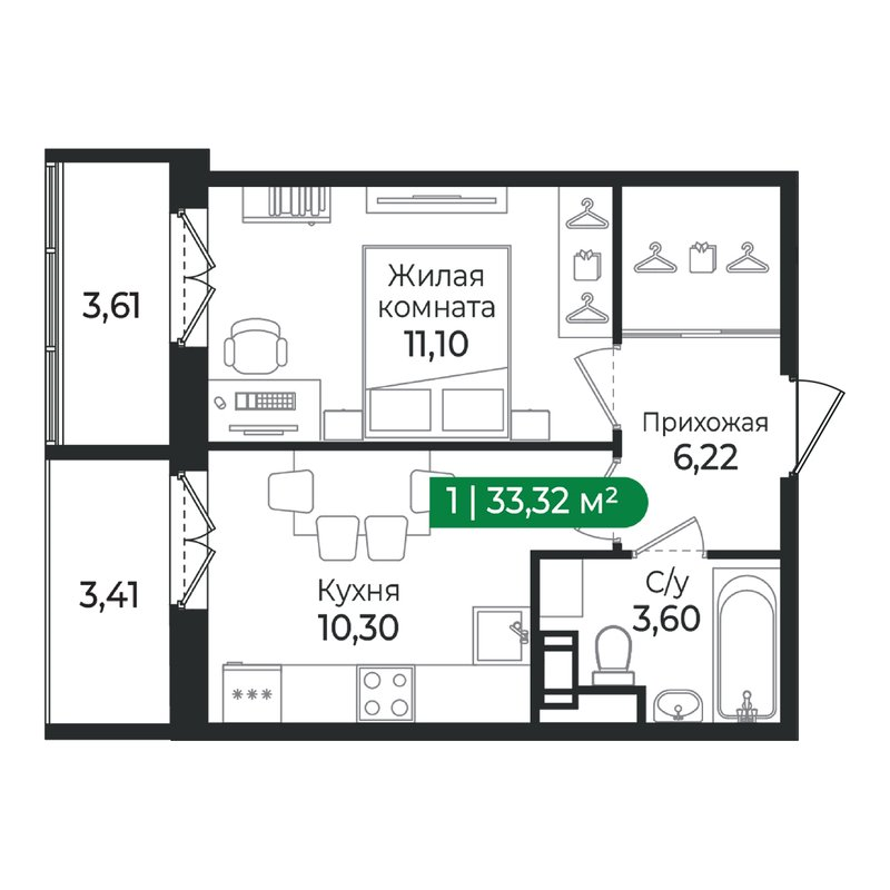 1-комнатная квартира, 29.72 м² в ЖК "Сертолово Парк" - планировка, фото №1