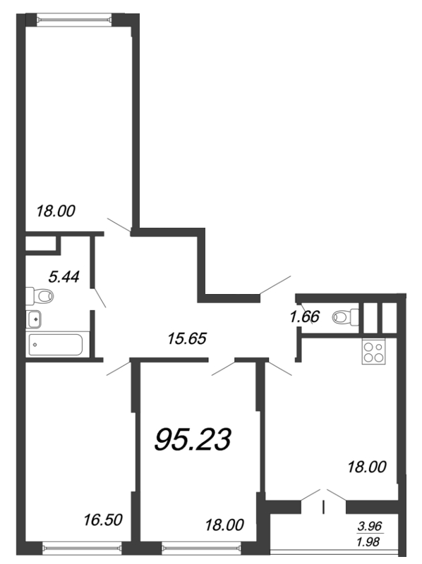 4-комнатная (Евро) квартира, 96.3 м² - планировка, фото №1