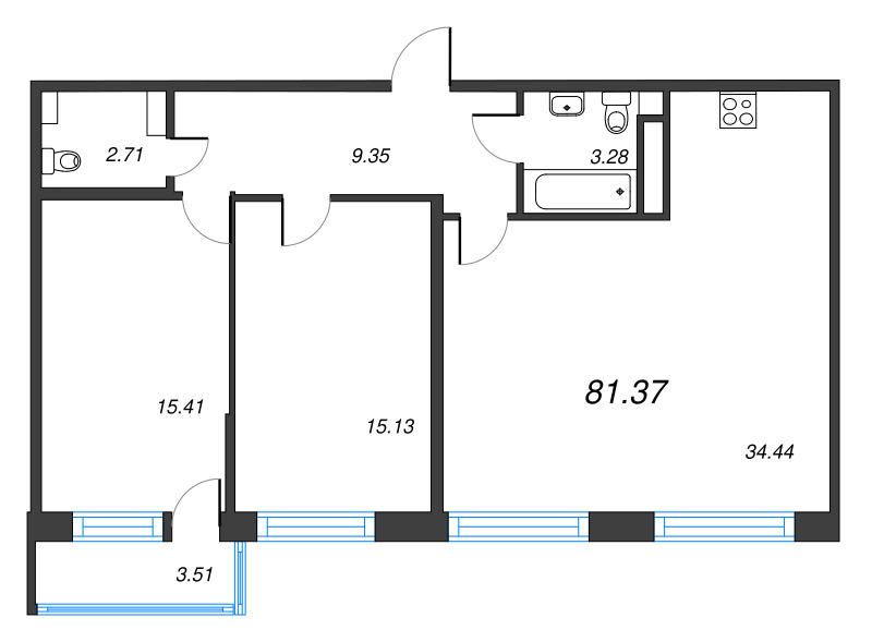 3-комнатная (Евро) квартира, 80.32 м² - планировка, фото №1