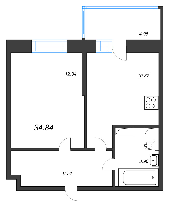 1-комнатная квартира, 34.84 м² - планировка, фото №1