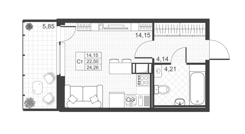 Квартира-студия, 24.7 м² - планировка, фото №1
