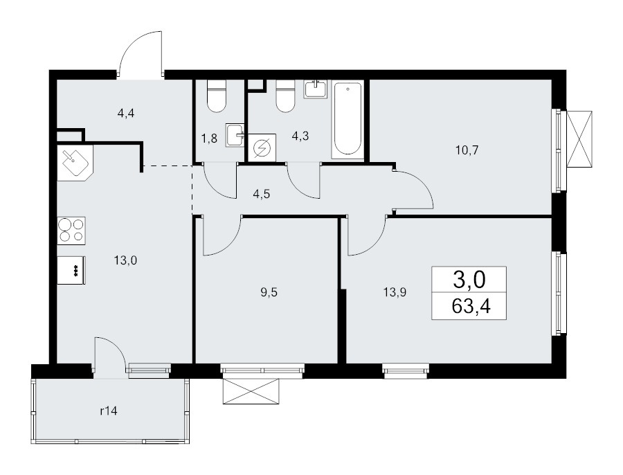 3-комнатная квартира, 63.4 м² - планировка, фото №1