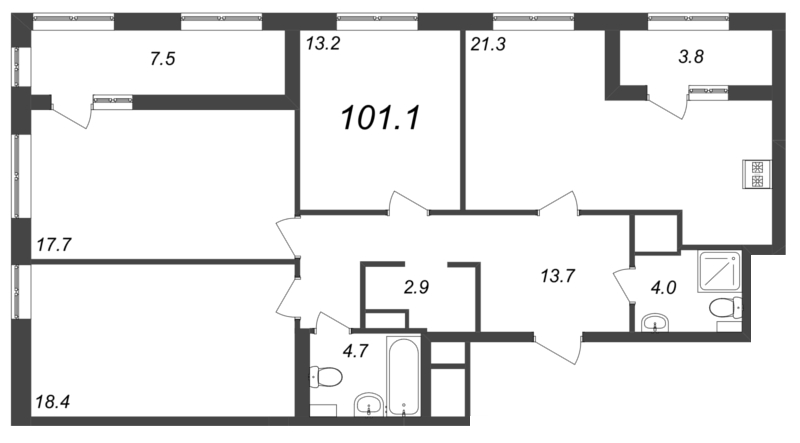 3-комнатная квартира, 101.1 м² - планировка, фото №1