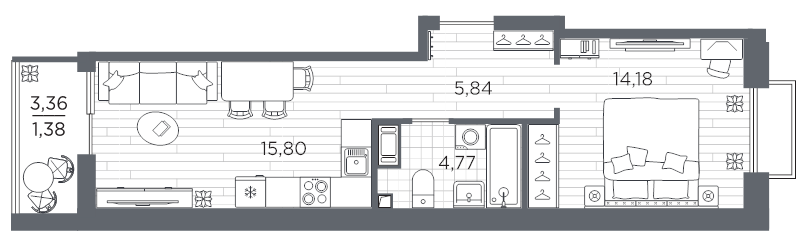 2-комнатная (Евро) квартира, 42.27 м² в ЖК "Respect" - планировка, фото №1
