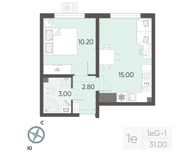 2-комнатная (Евро) квартира, 31 м² в ЖК "Ручьи" - планировка, фото №1