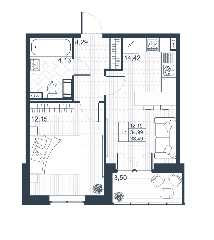 1-комнатная квартира, 36.74 м² в ЖК "Ново-Антропшино" - планировка, фото №1