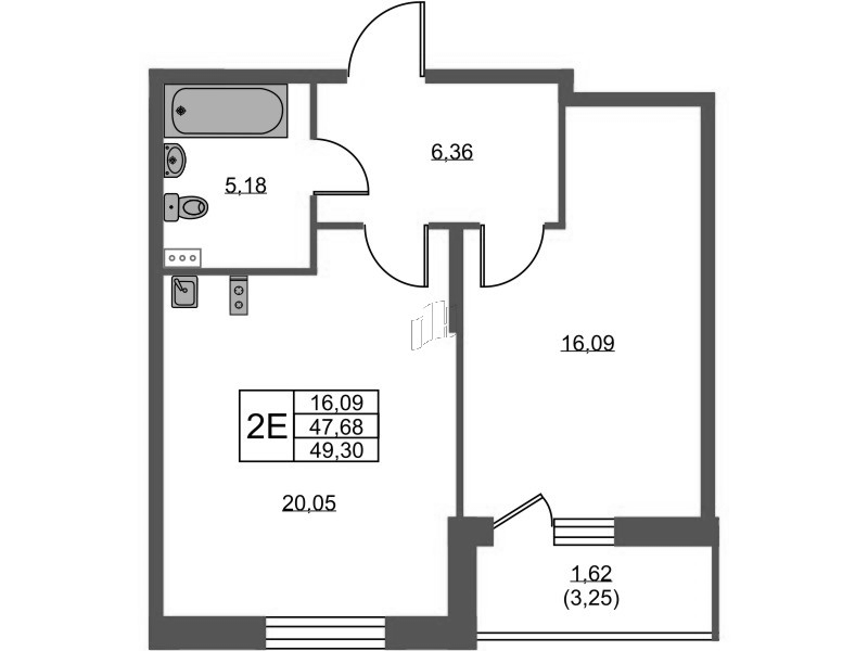 2-комнатная (Евро) квартира, 49.3 м² в ЖК "Аквилон Zalive" - планировка, фото №1