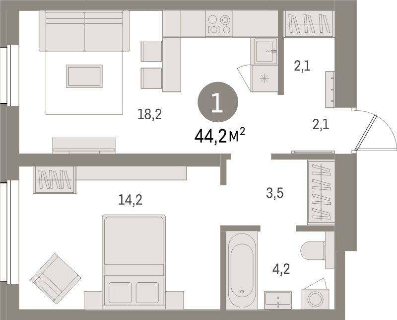 2-комнатная (Евро) квартира, 44.2 м² в ЖК "Северный ветер" - планировка, фото №1