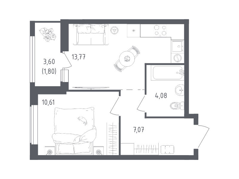 1-комнатная квартира, 37.33 м² в ЖК "Южная Нева" - планировка, фото №1