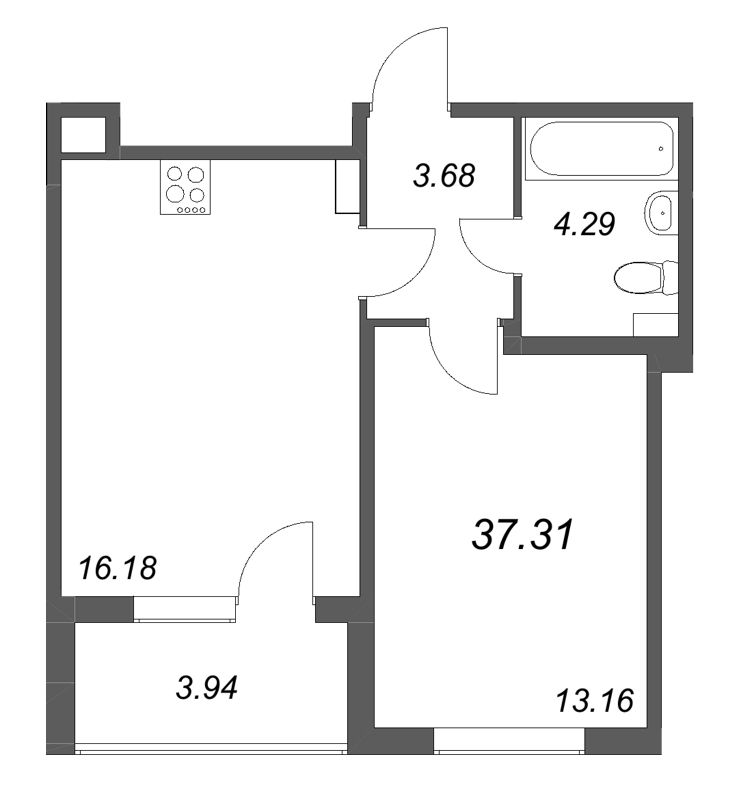 2-комнатная (Евро) квартира, 37.31 м² в ЖК "Любоград" - планировка, фото №1