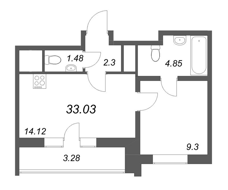 1-комнатная квартира, 33.03 м² - планировка, фото №1