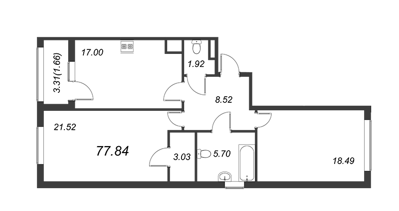 3-комнатная (Евро) квартира, 78.1 м² - планировка, фото №1