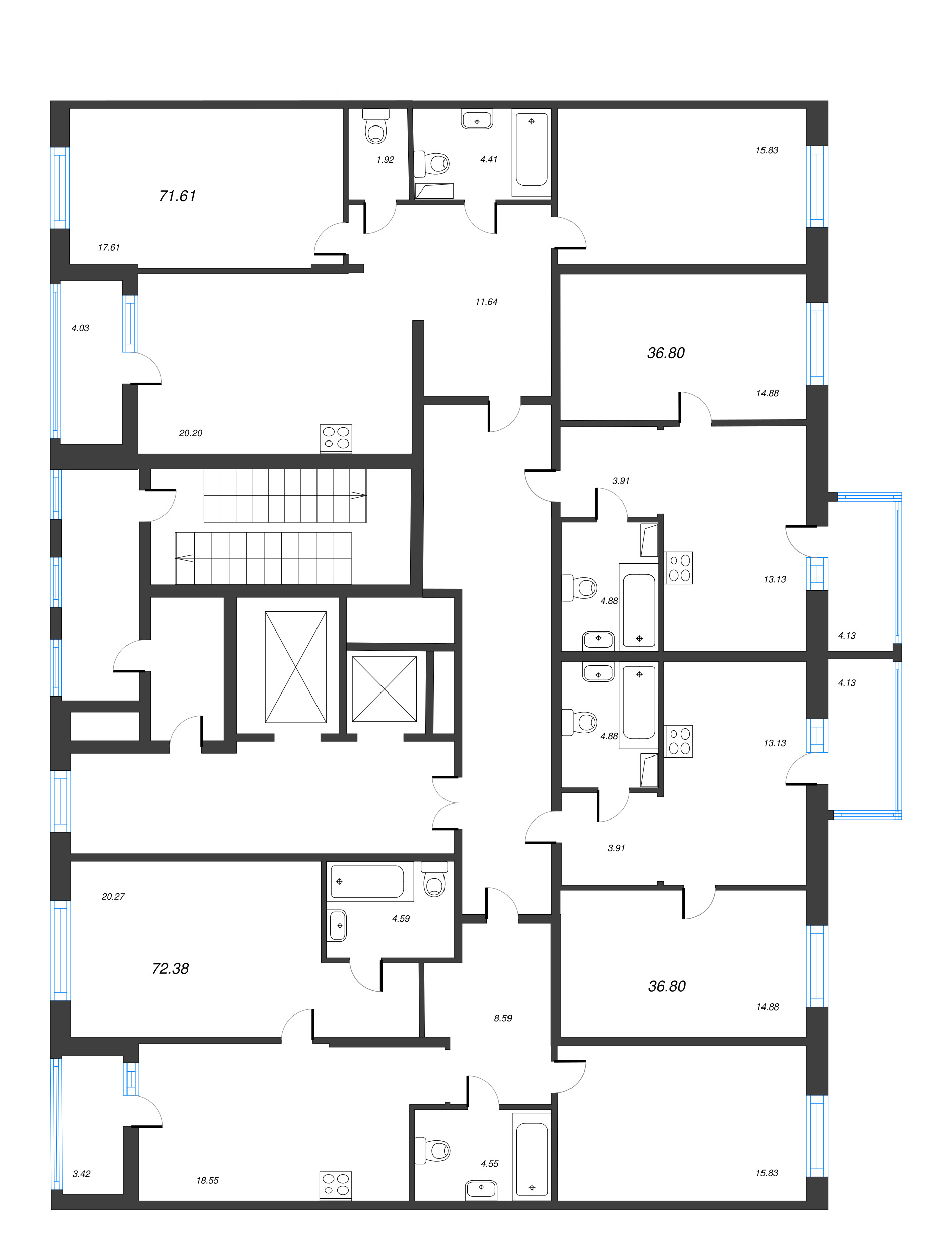 3-комнатная (Евро) квартира, 72.38 м² - планировка этажа