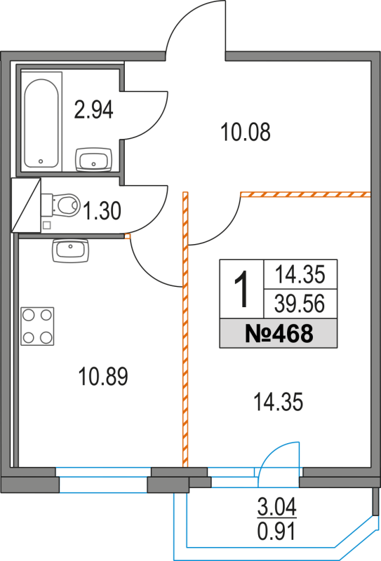 1-комнатная квартира, 39.56 м² - планировка, фото №1
