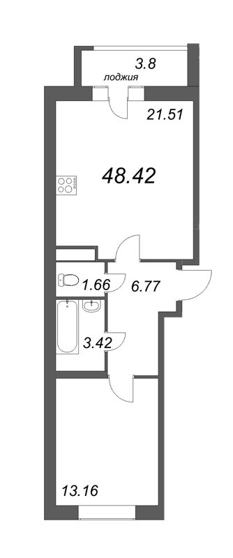 2-комнатная (Евро) квартира, 48.42 м² - планировка, фото №1