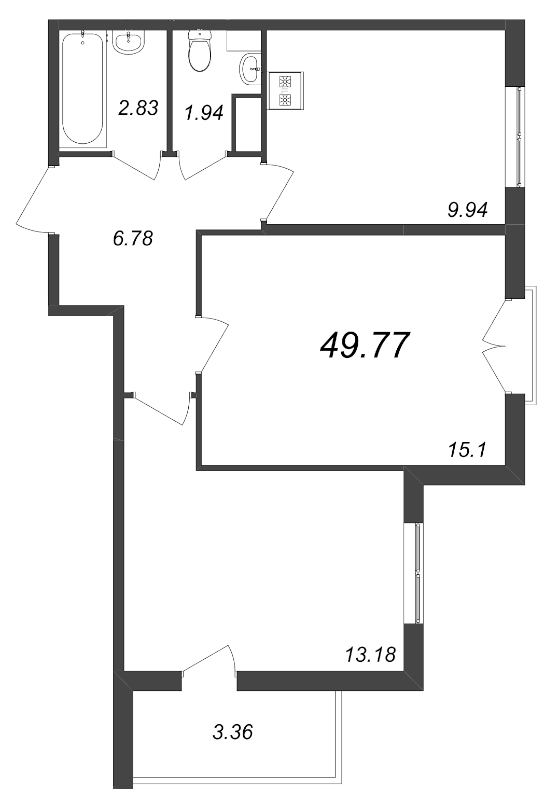 2-комнатная квартира, 49.77 м² - планировка, фото №1