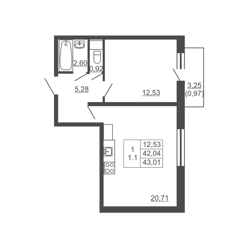 2-комнатная (Евро) квартира, 43.01 м² в ЖК "Тандем" - планировка, фото №1